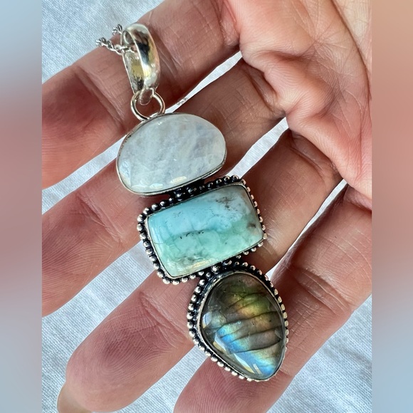 Jewelry - 925 Trifecta Rainbow Flash Moonstone + Larimar + Labradorite Pendant Necklace